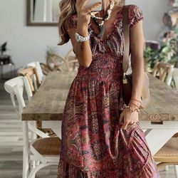 Womens 2024 Casual Boho Maxi Dresses V Neck Puff Sleeve Geometric Pattern Smocked Ruffle Flowy Beach Long Dress size large