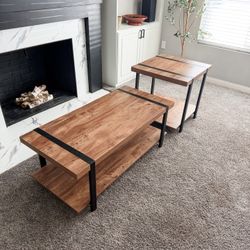 Coffee and side tables (wood and black metal)