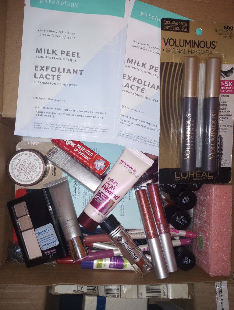 Box Full Of Brand New Skin Care And Makeup
