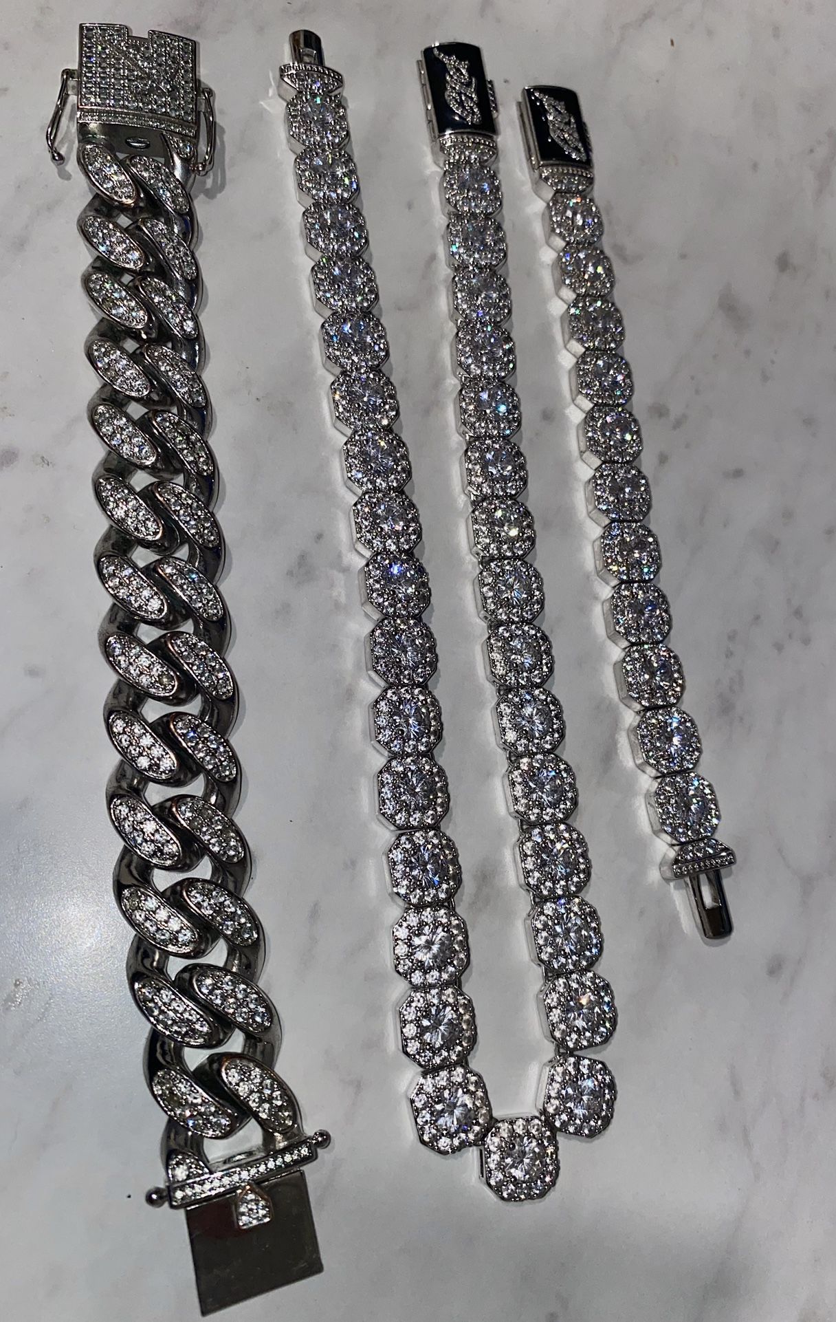 GLD Clustered Tennis Necklace 12mm w/ Matching Bracelet & Diamond Cuban Link Bracelet 19mm (Includes free Gold Cuban & Gold Figaro)