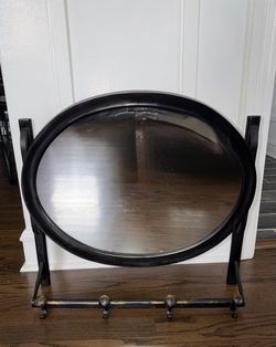 Vintage Metal Black Oval Wall Mirror with Coat Hooks. Made In India
