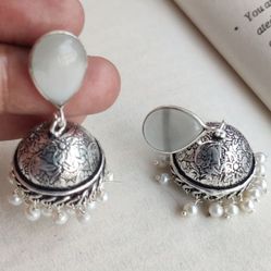 White Stone Jhumka Brass Earrings Small Pearls