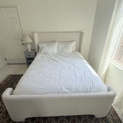 White boucle Wingback Queen bed