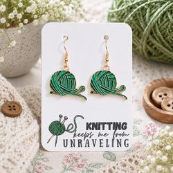 New Handmade Gold-Tone and Green "Knitting Keeps Me From Unraveling" Yarn Dangle Earrings (1.5" long x 1" wide)