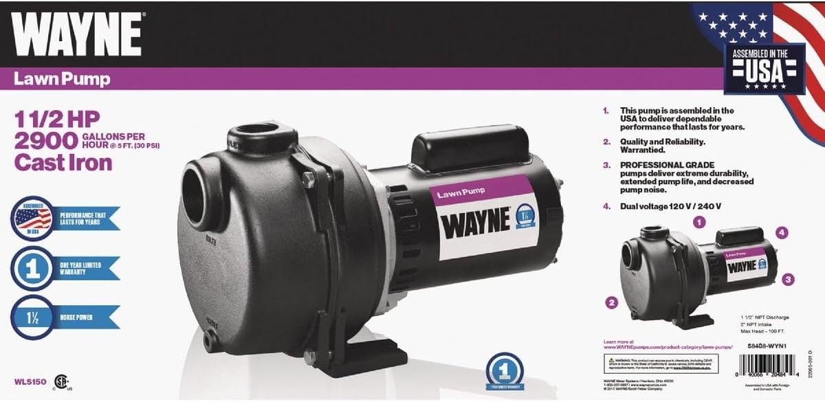 Wayne WLS150 1.5 HP High Volume Cast Iron Lawn Sprinkling Pump, 1-1/2-Horsepower