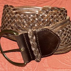 Eddie Bauer: Brown Leather Woven Belt, Size: Medium 