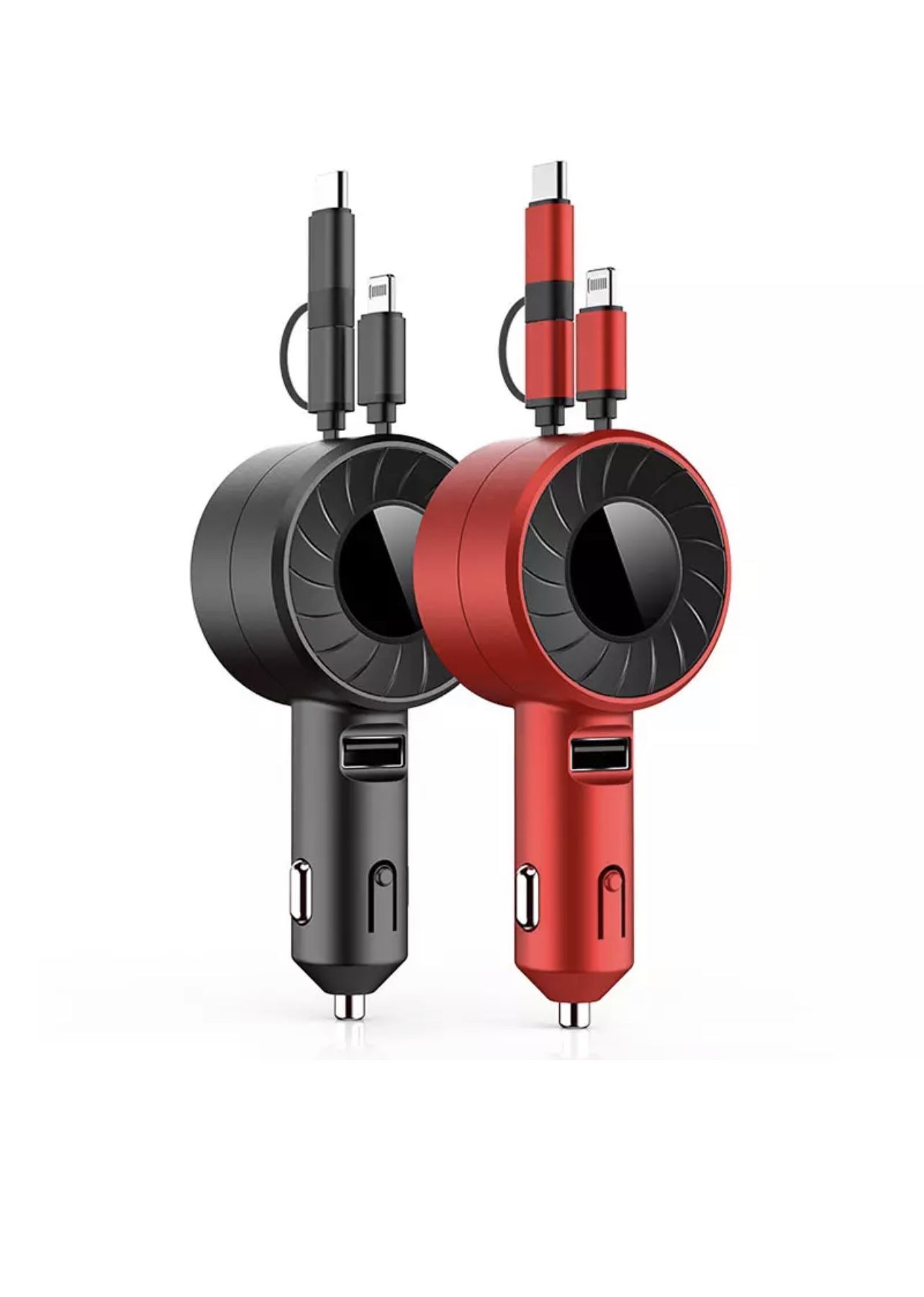New Design Multifunctional 3 in 1 Ports iPhone & Android Dual Car Charger With Retractable Cables (Black & Red)