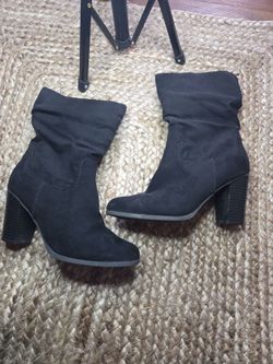 Black Suede Slouch Heeled Mid-Calf Boots