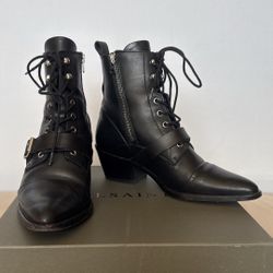 AllSaints Katy Lace Up Heeled Leather Boots With Buckle In Black