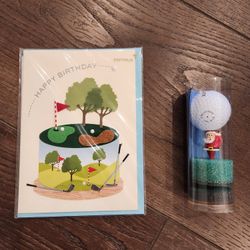 Golf themed gift set- a golf birthday greeting card and a novelty golf ball decorated with Santa 