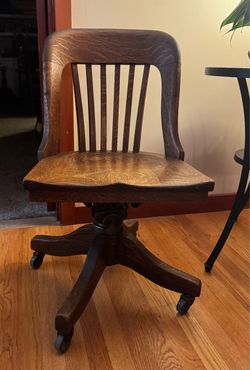 Antique Oak Slat-Back Swivel Office Chair, 33"H