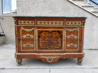 French Louis XVI style marble-top marquetry commode