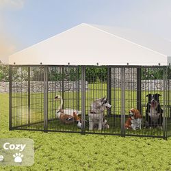 Large Dog Kennel Outdoor Pet Pens Dogs Run Enclosure Animal Hutch Metal Coop Fence with Roof Cover. 9.62'L x 9.35'W x 6.18'H.