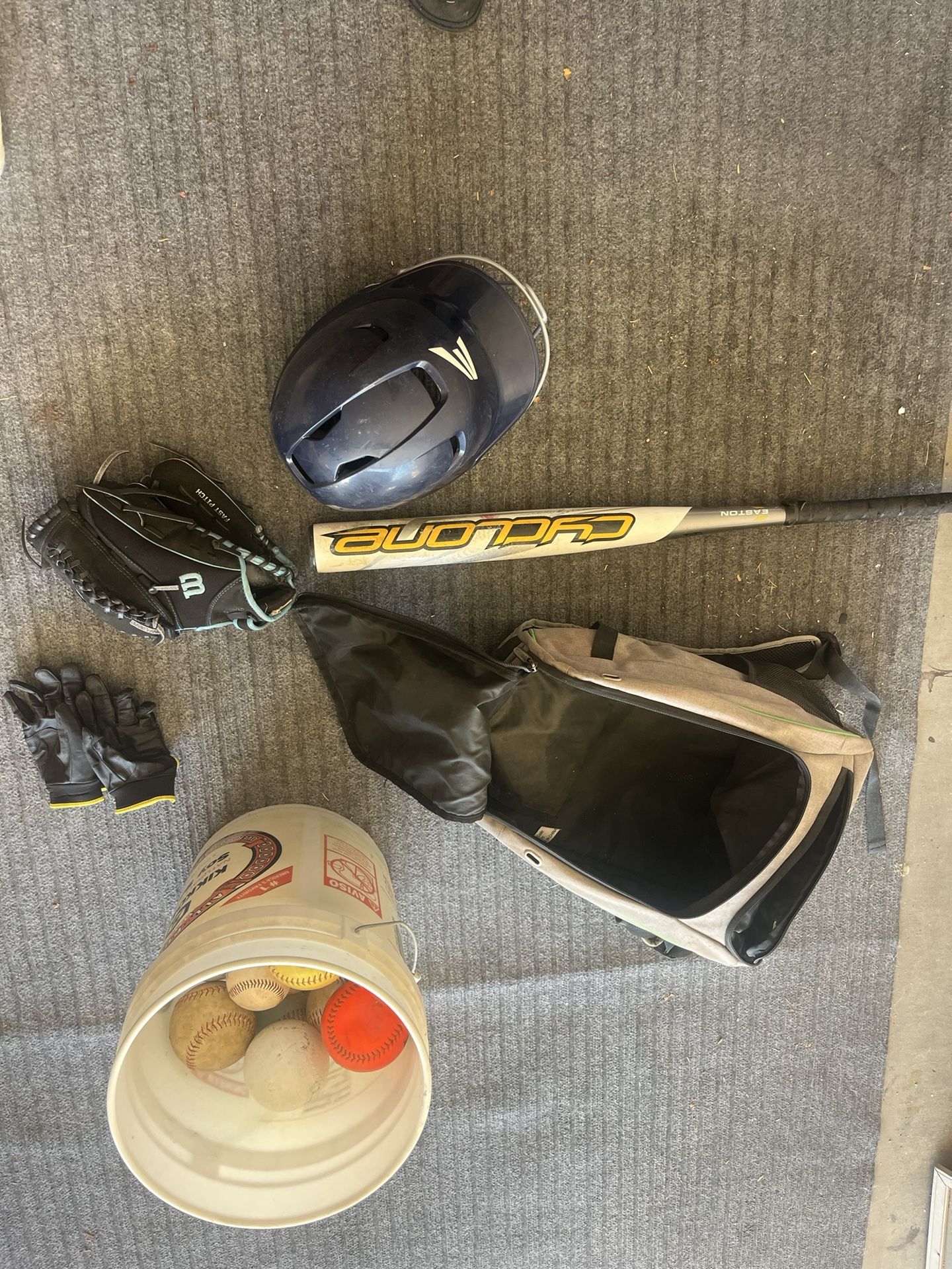 Softball Bag, Bat, Mitt, Gloves, Helmet, And Balls