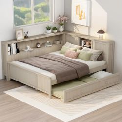 Full Bed Frame with Trundle and Bookcase