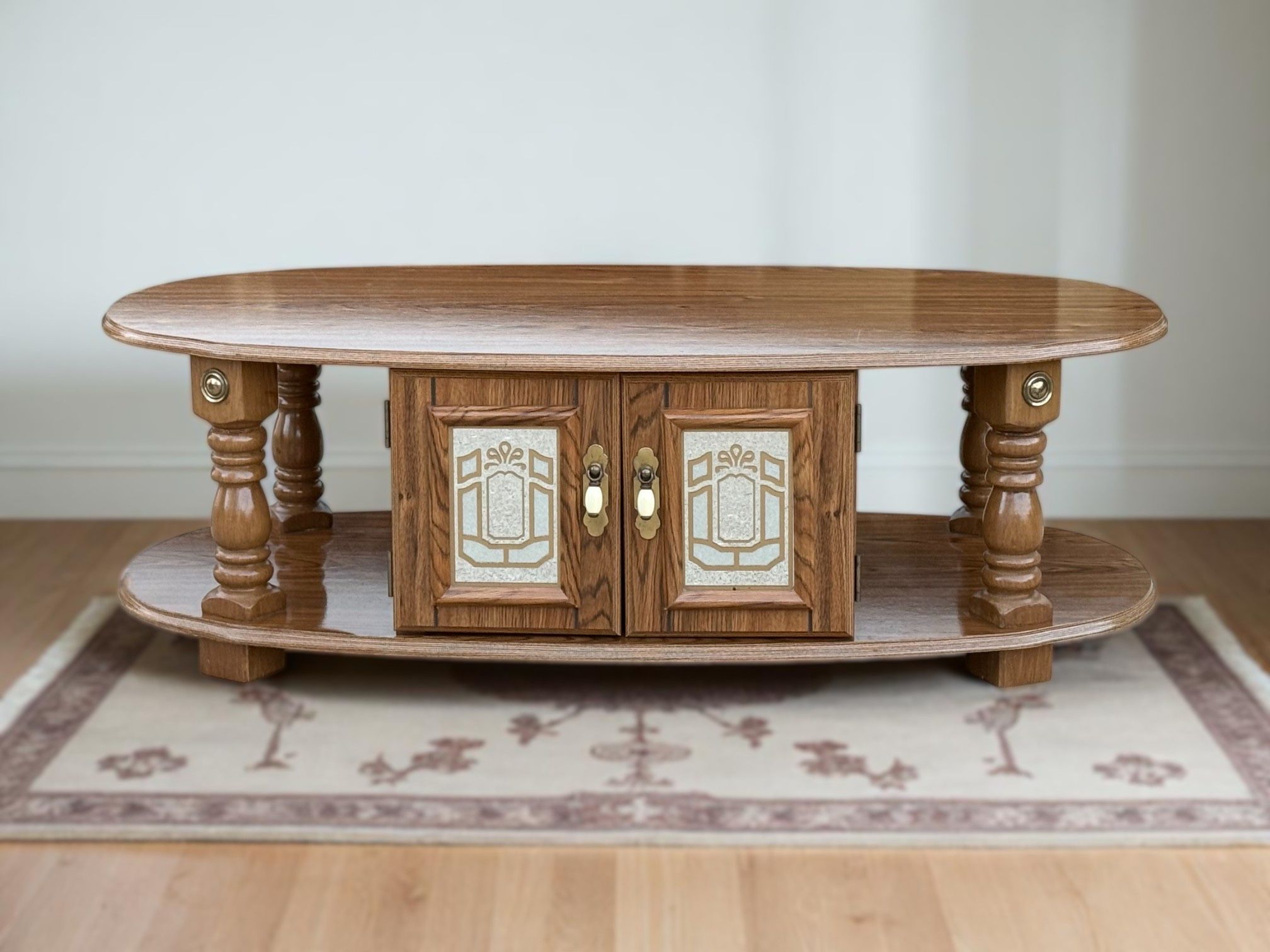 Oval Brown 2-Tier Coffee Table w/ Mirrored Cabinet Doors
