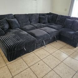Brand New Sectional Corduroy Fabric Dark Grey 6 Pillows, Storage Chaise & Pull Out Bed $1399 