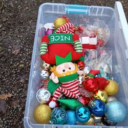 Tote Of Xmas Bulbs And Ornaments 