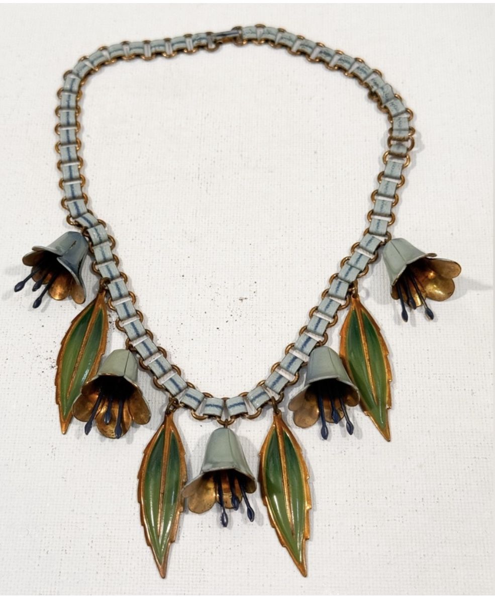 Art Deco 20s/30s Coro Craft Enameled Flower Necklace 16”L, 2"drop  green enamel 2" charms, and linked brass chain with enamel stripe detail. With oval