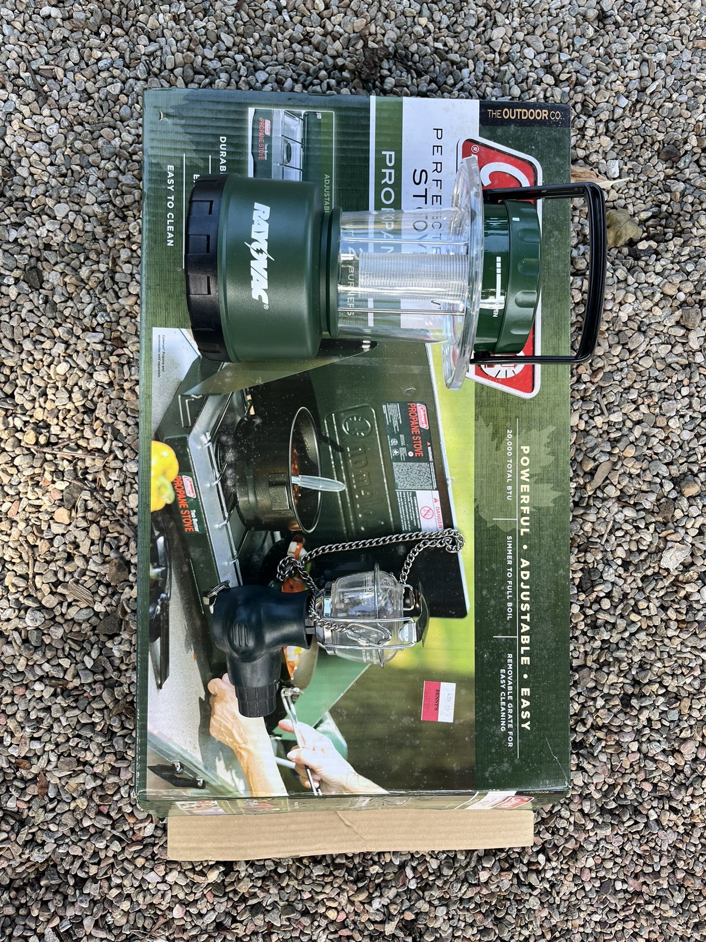 Coleman 2 Burner Stove, Battery Lantern And Propane Lamp