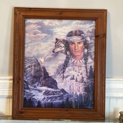 Vintage 1991 Jonnie Kostoff Indian Wolf Print With Real Wood Frame 24x20