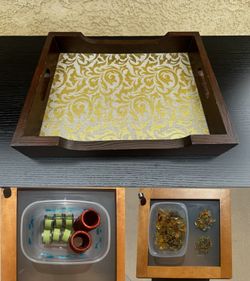 Wooden Serving Tray & Napkin Ring Lot Bundle