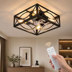 16" Ceiling Fan with Lights Black Flush Mount Low Profile Chandelier