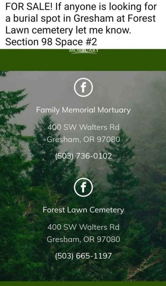 Burial Plot Space In Gresham Forest Lawn Cemetery 