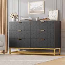 47.2 inch Wide Modern 6 Drawer Dresser Wide Chest with Gold Metal Legs and Handles Wood Storage Organizer for Bedroom Living Room Hallway Black
