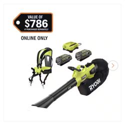 NEW IN BOX RYOBI 40V HP Brushless 100 MPH 600 CFM Cordless Leaf Blower/Mulcher/Vacuum with (2) 4.0 Ah Batteries and Charger