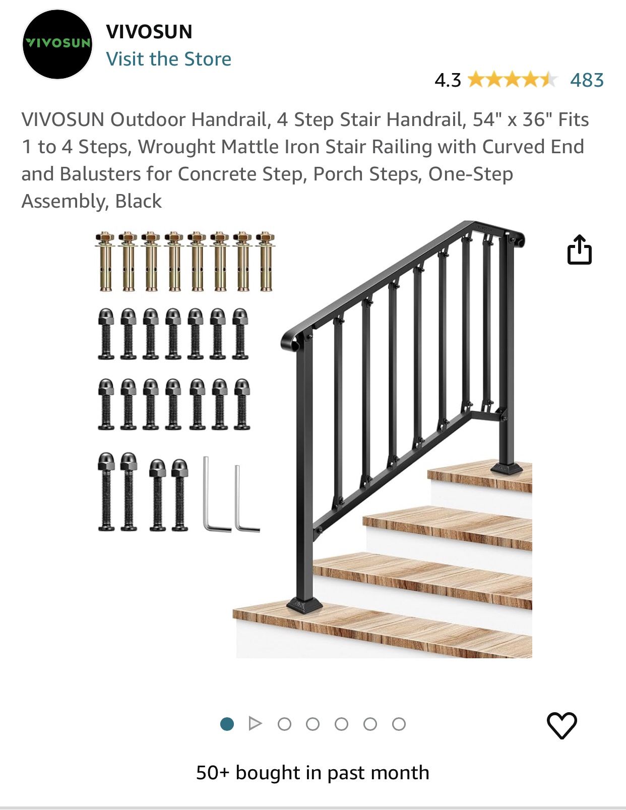 VIVOSUN Outdoor Handrail, 4 Step Stair Handrail, 54" x 36" Fits 1 to 4 Steps, Wrought Mattle Iron Stair Railing with Curved End and Balusters for Conc
