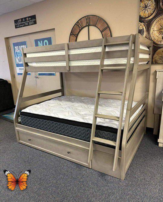Lettner Light Gray Twin Full Bunk Bed with Large Storage Drawer Finance and Delivery Available 