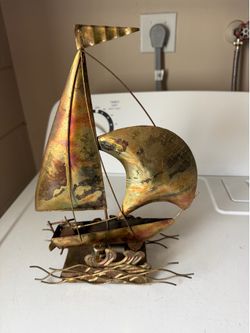 MCM Brass Sailboat Sculpture Music Box As Is