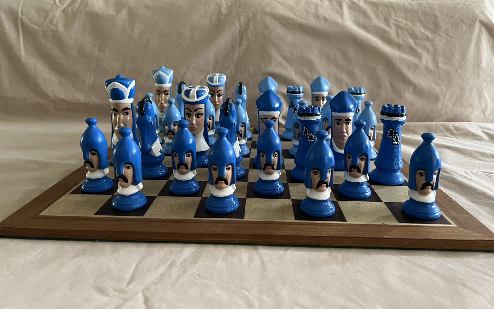 Vintage Medieval Ceramic Chess In Light & Dark Blue