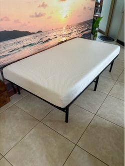Twin bed, memory foam mattress, foldable metal platform