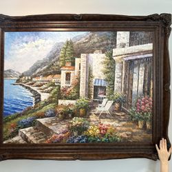Giantic One-of-a-Kind Captivating Coastal Mediterranean Landscape Oil Painting with Ornate Wooden Frame – 58" x 45"