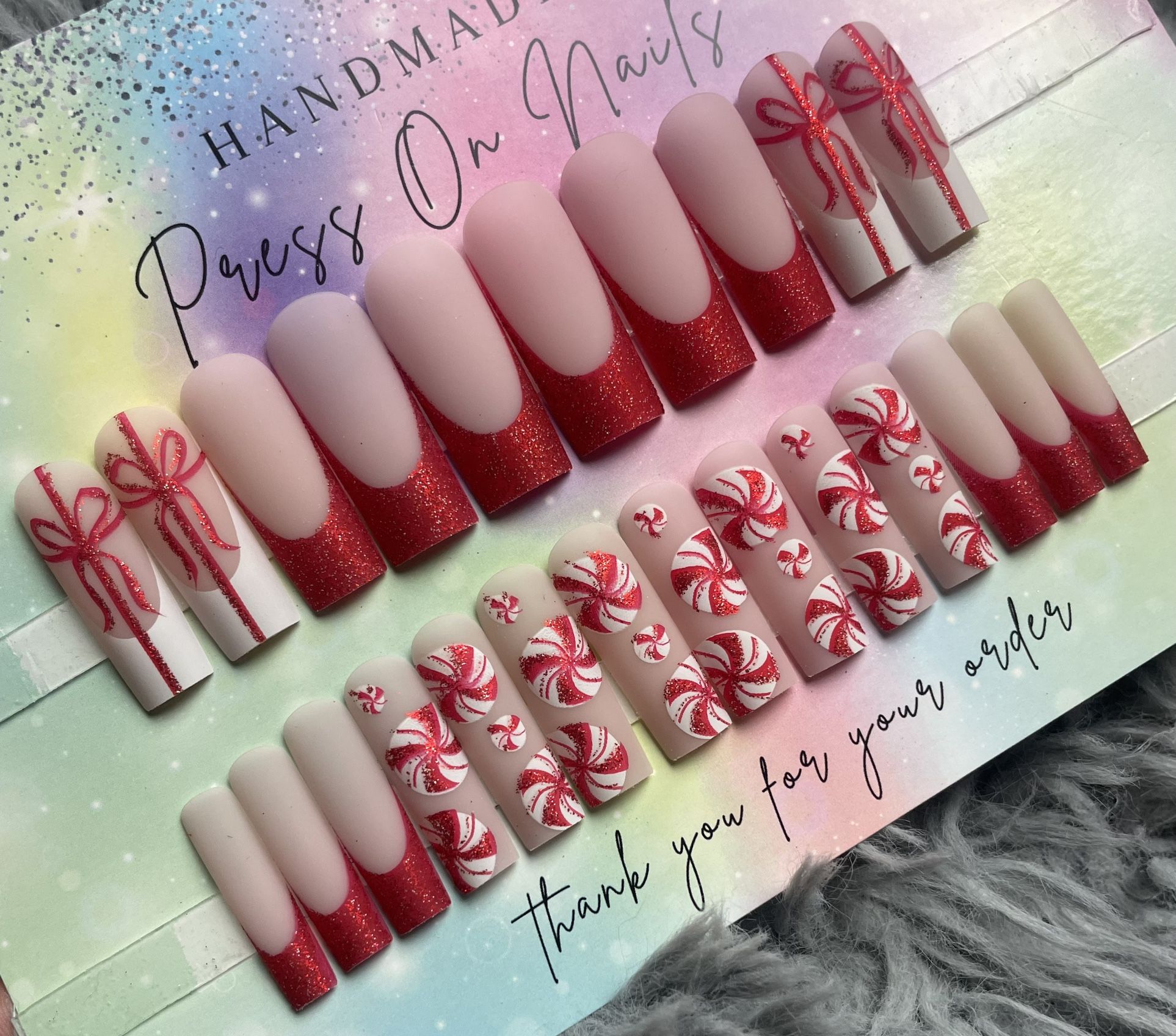 Long square press on nails red glitter matte white french tip Christmas