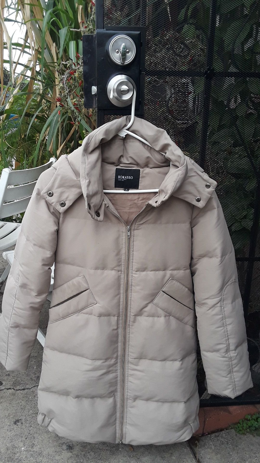 Parka Jacket. KOKASSO brand, look it up sells for $350.00, dark beige size Small, my daughter used it 3 times only last year, doesn't fit her anymore.