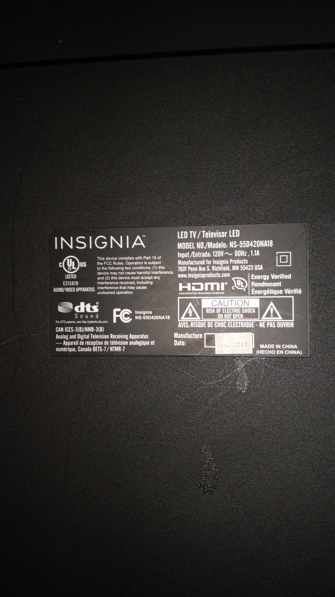 INSIGNIA MODEL NS55D420NA18. LED TELEVISION