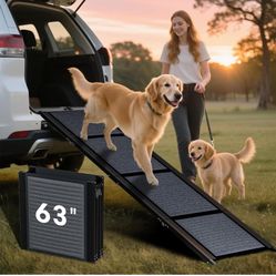 HBTower 63" Long & 17.3" Wide Folding Dog Ramp for Car, SUV & Truck – Portable Pet Ramp with Non-Slip Surface, Extra Wide Steps for Large Dogs Up to 2