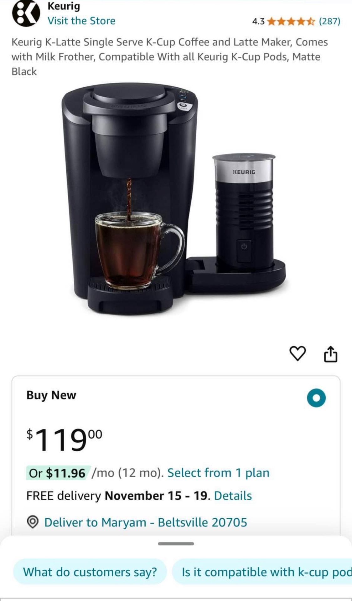 KLatte Single Serve Coffee-maker KCup Coffee Machine and Latte Maker, Milk Frother, Compact Design, 6-12 oz Cup Sizes, Café-Quality Performance Espres