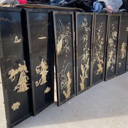 7 Vintage Asian black lacquer  mother of pearl wall panels Art Chinese Geishas