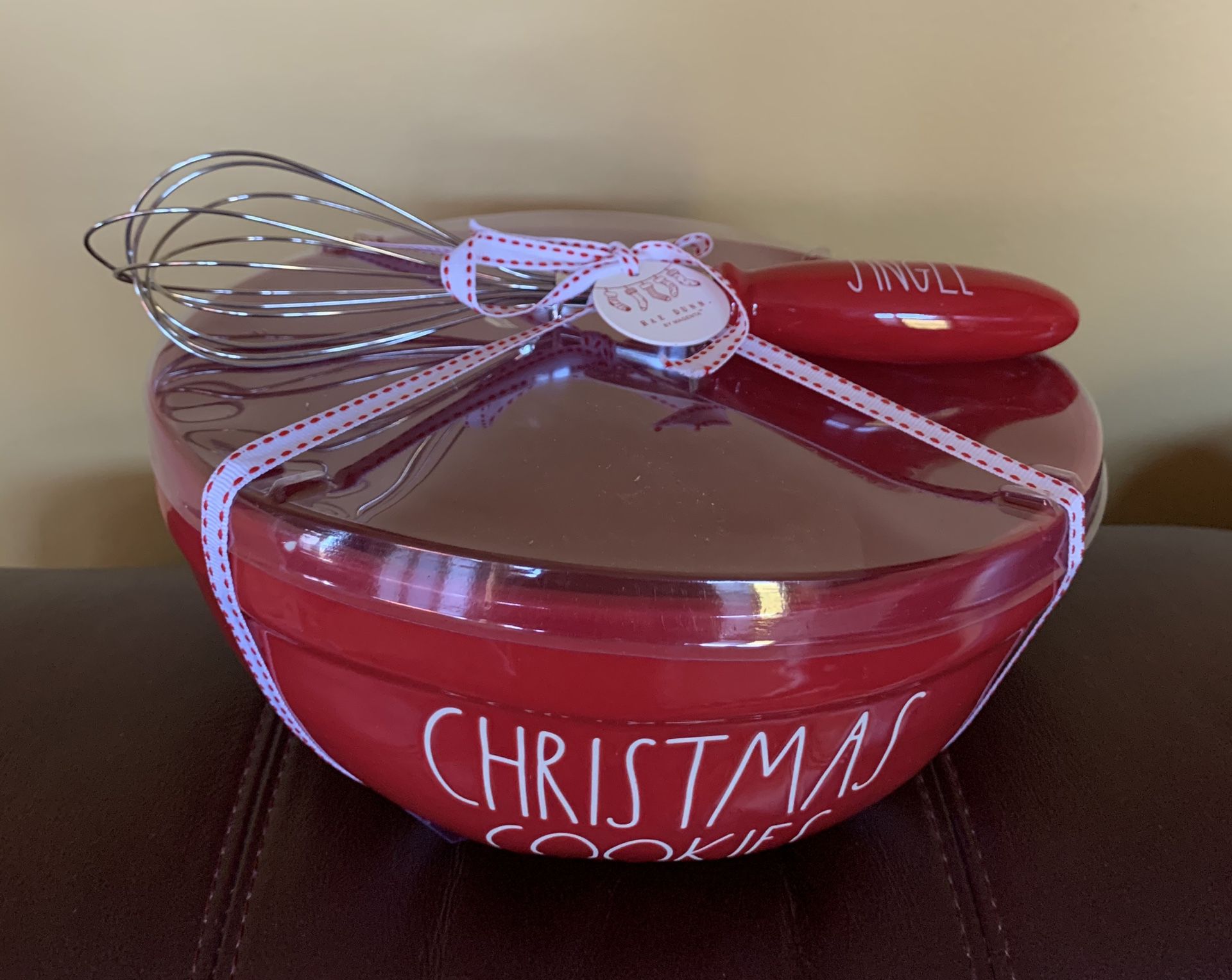 RAE DUNN RED CHRISTMAS COOKIES 10" MIXING CERAMIC BOWL & JINGLE WHISK New