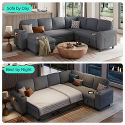 6 Seaters Sectional Sleeper Sofa with Pull Out Bed, Modular Sectional Sofa with with USB & Cup Holder for Living Room, Dark Gray