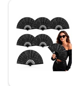 Black Glitter Folding Hand Fans Set of 5