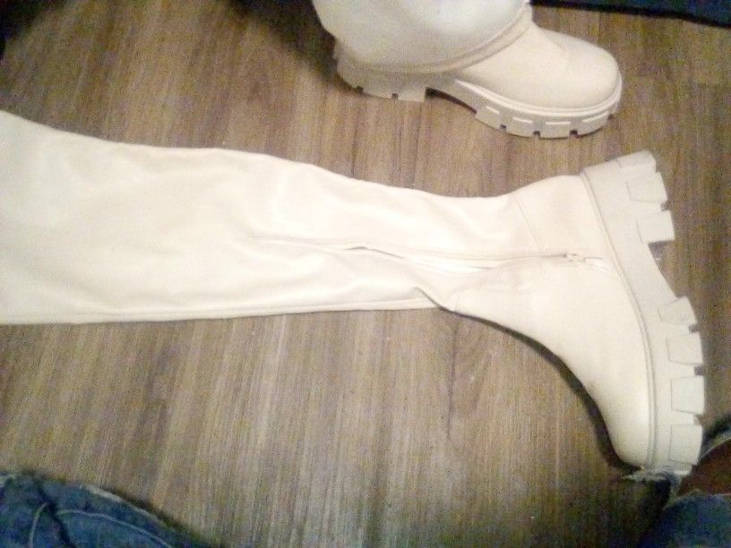Cream Leather Knee High Boots 