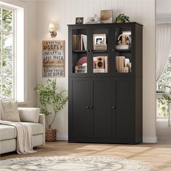 Black Bookshelf and Bookcase, 69" Tall Book Shelf, Large Bookshelves with Storage Cabinet, 42" Wide Book Case with Glass Doors and Shelves, Modern Dis