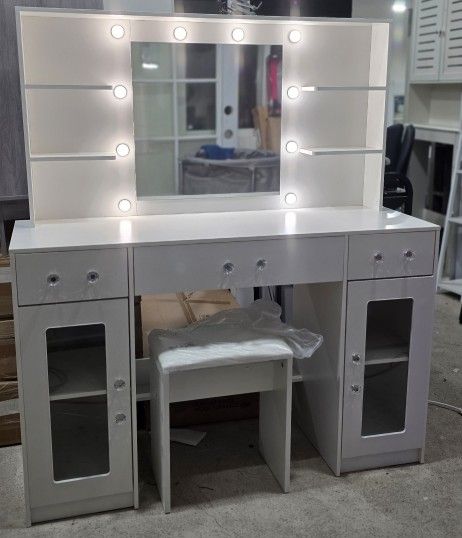 New Large white makeup vanity with mirror LED lights, multiple drawers, and shelves