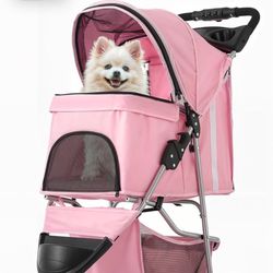 3-Wheels Foldable Pet Stroller with Waterproof Cover, Pet Strolling Cart for Small/Medium Dogs and Cats with Storage Basket and Cup Holder, Breathable