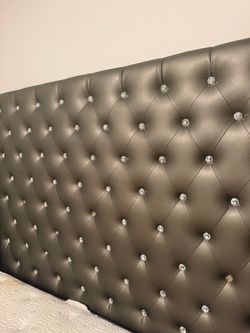 Gray Faux Leather Tufted Headboard with Crystal Buttons